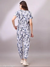 Grey printed cotton blend night suit set for women's combo, featuring top and pants. Ideal for sleep or lounge wear, perfect gift for Raksha Bandhan. Made in India